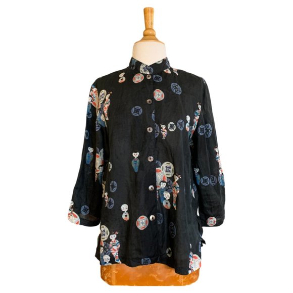 Citron Santa Monica Collared Geisha Print Linen Blouse - Picture 2 of 4